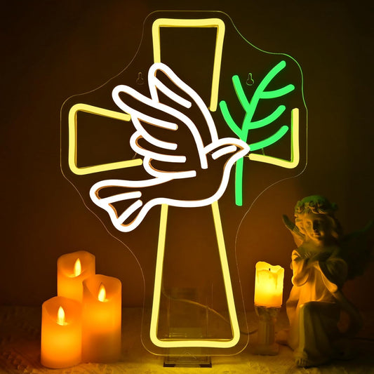 Dove and Cross Neon Sign – A Peaceful Tribute in LED Light