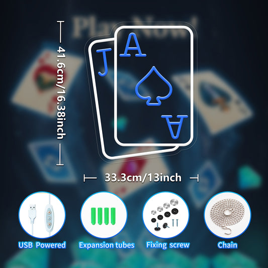 Playing Cards Neon Signs for Wall Decor Poker Teens Led Neon Light Blue White Usb Light Sign for Bedroom Casino Bar Hotel Play Room Birthday Party Decor - Deen neon