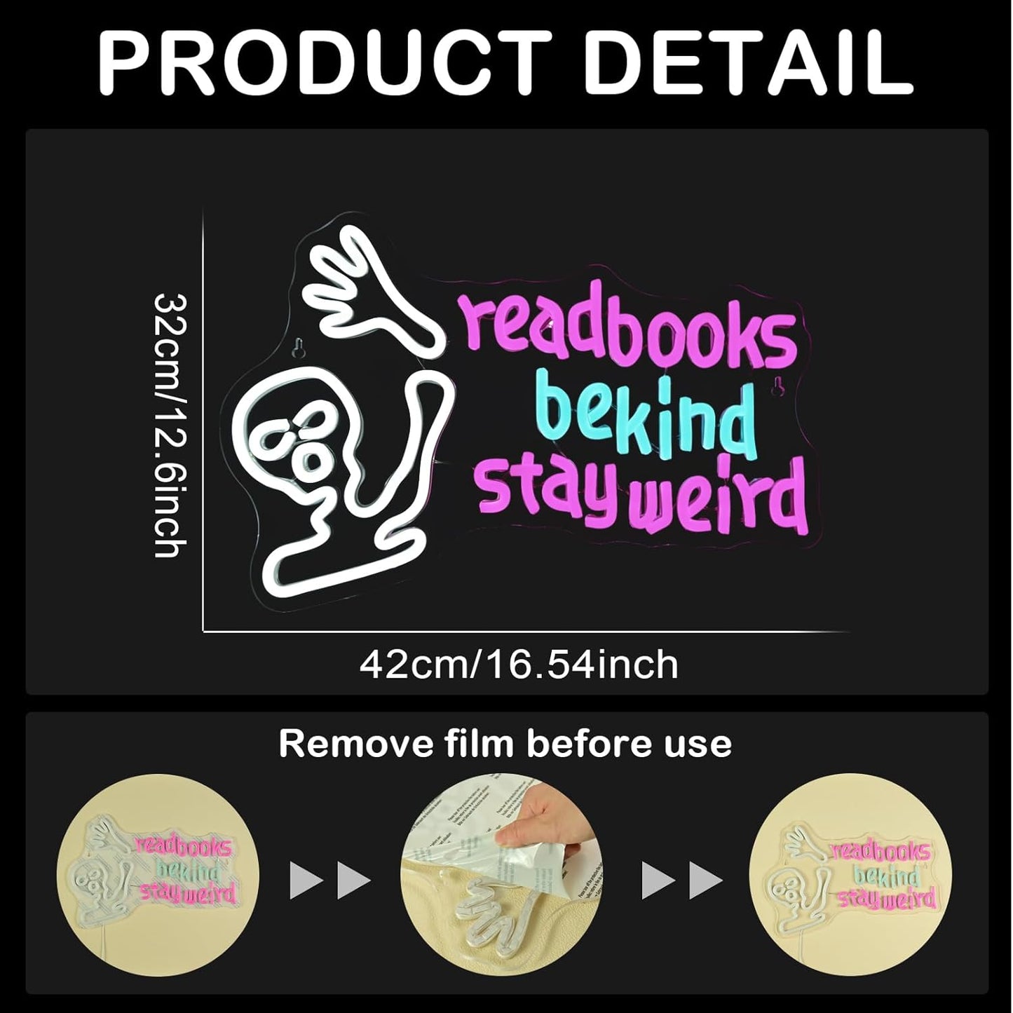 Waving alien neon sign with the phrase "Read Books Be Kind Stay Weird" glowing in LED lights