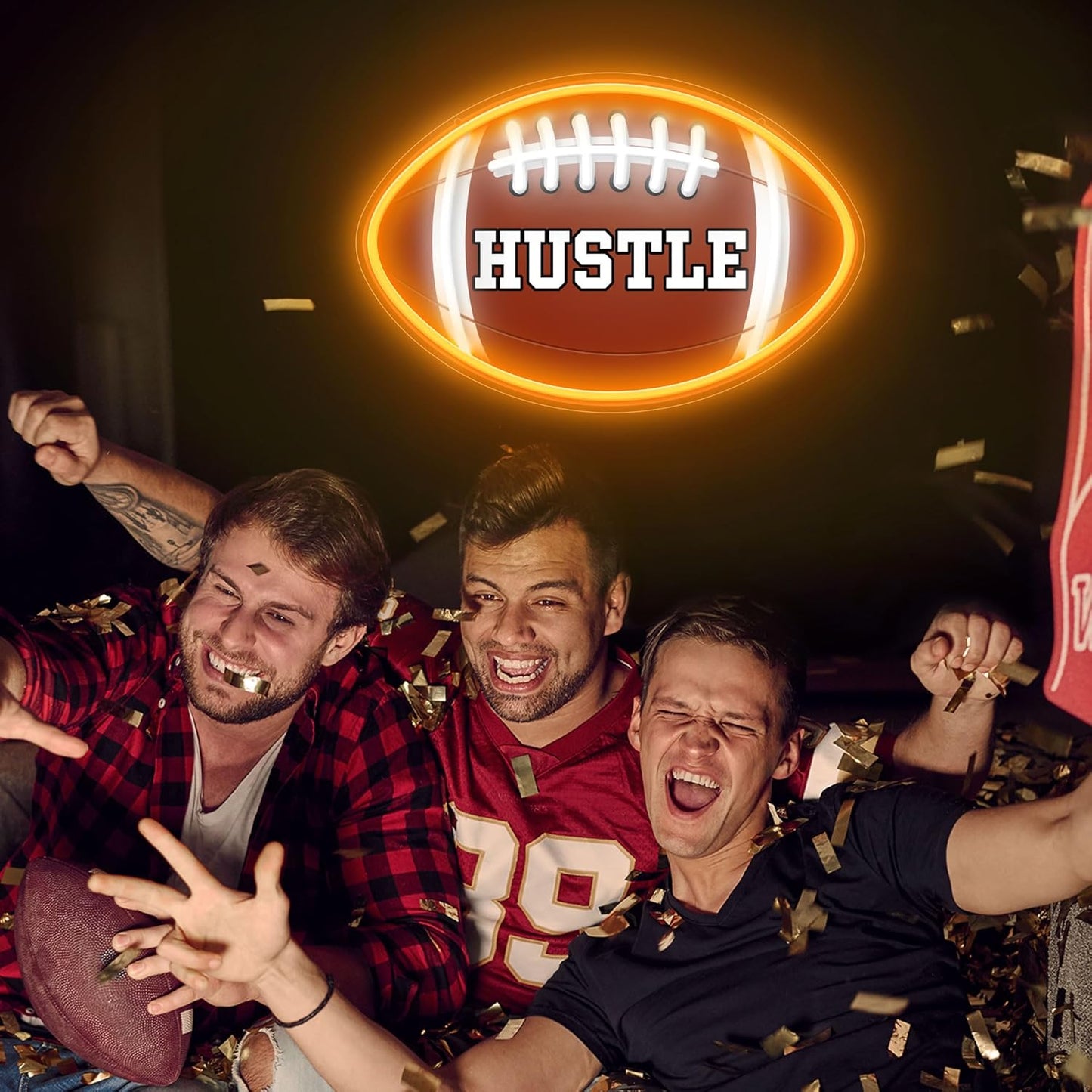 Neon sign shaped like a football with “HUSTLE” UV print