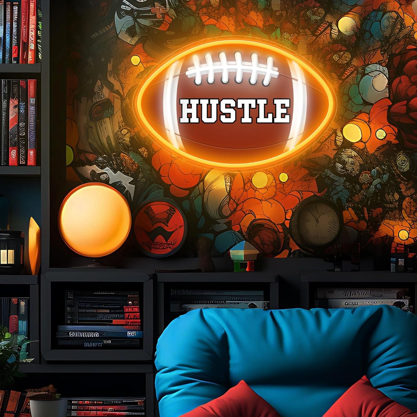 Neon sign shaped like a football with “HUSTLE” UV print