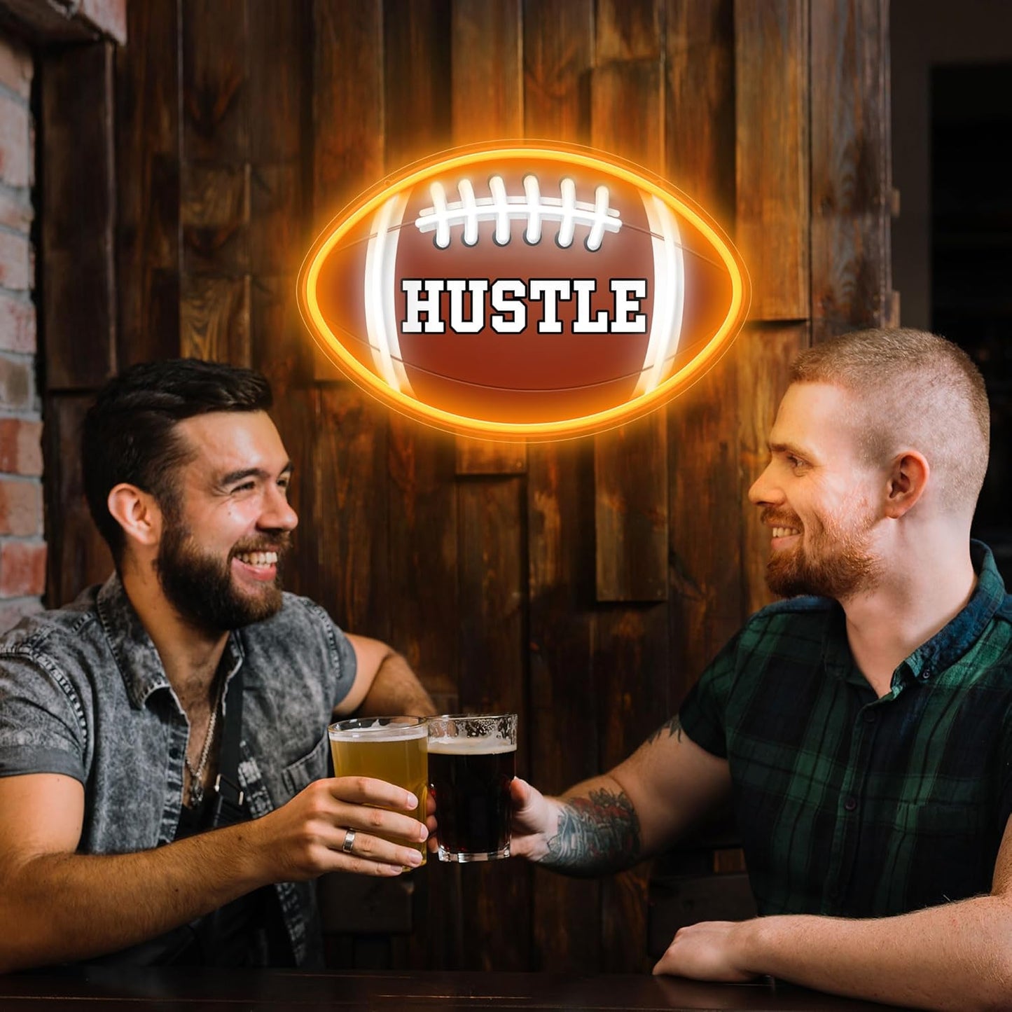 Neon sign shaped like a football with “HUSTLE” UV print