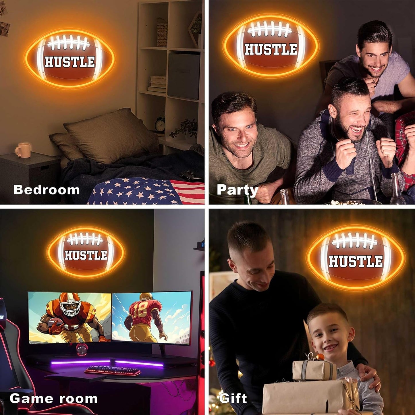 Neon sign shaped like a football with “HUSTLE” UV print