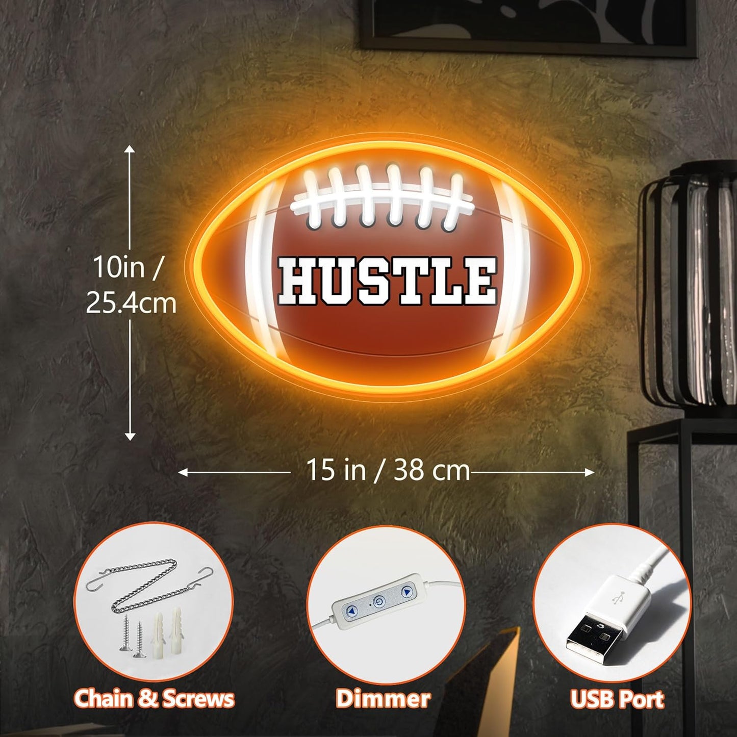 Neon sign shaped like a football with “HUSTLE” UV print