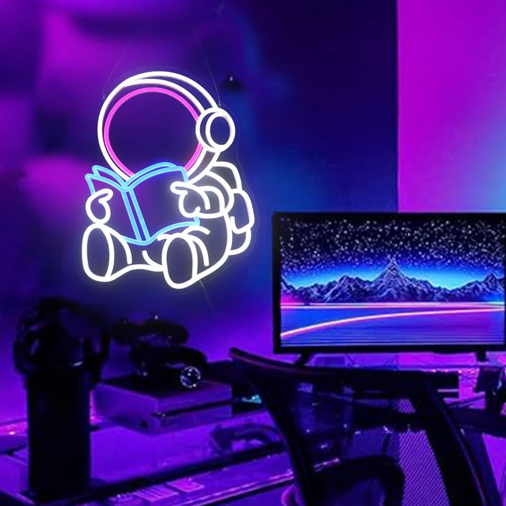Astronaut Reading Neon Sign – LED Space Wall Decor for Book Lovers