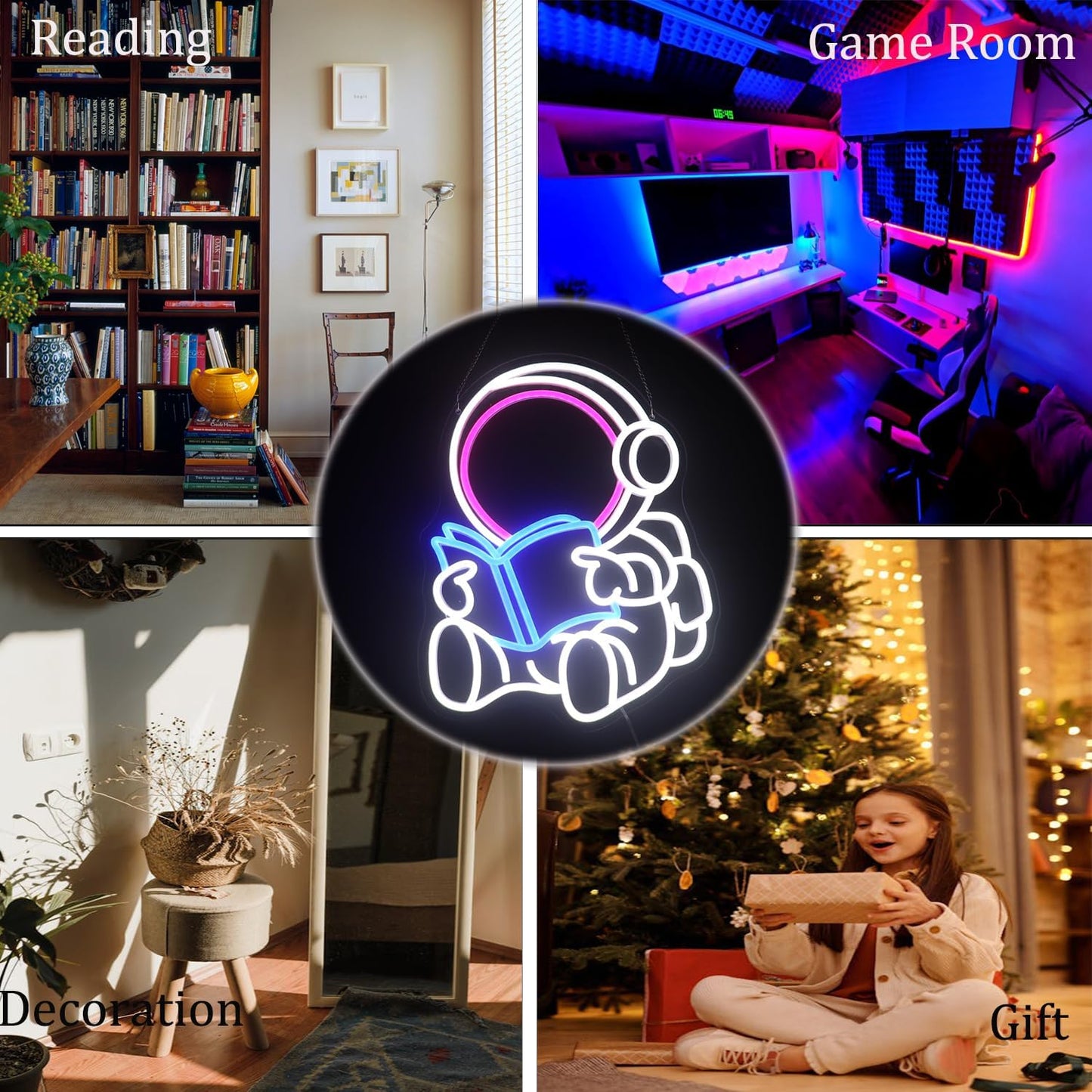 Astronaut Reading Neon Sign – LED Space Wall Decor for Book Lovers
