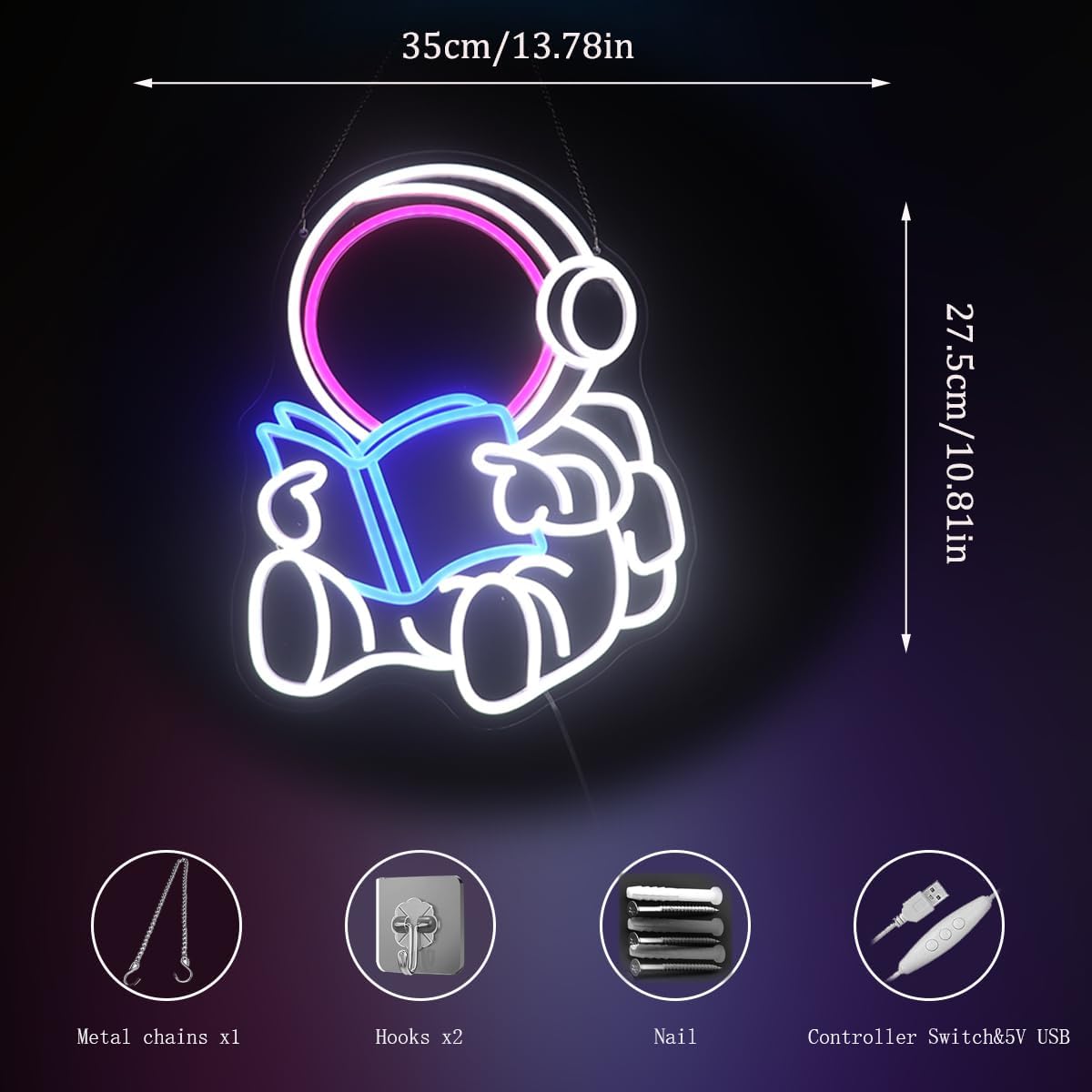 Astronaut Reading Neon Sign – LED Space Wall Decor for Book Lovers