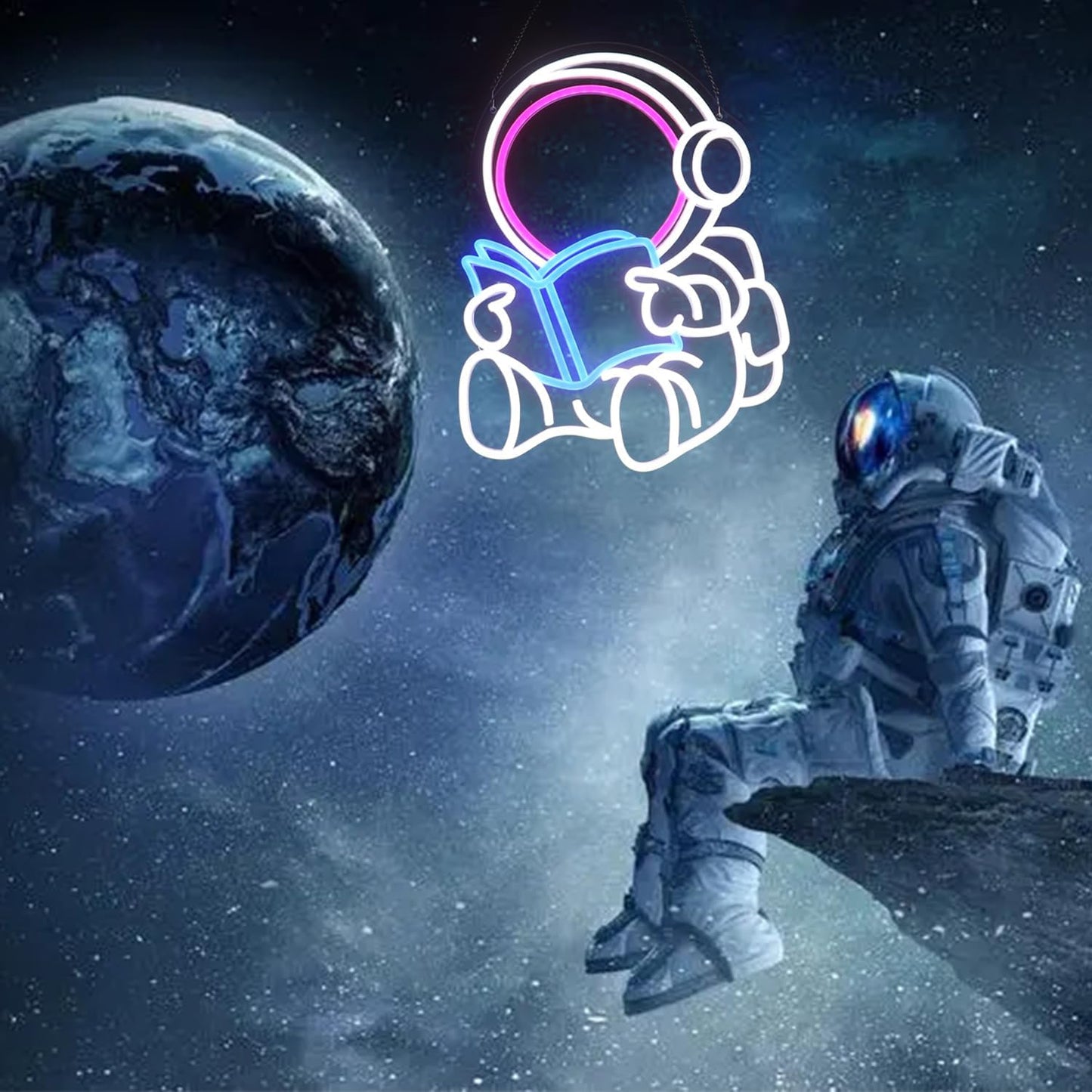 Astronaut Reading Neon Sign – LED Space Wall Decor for Book Lovers