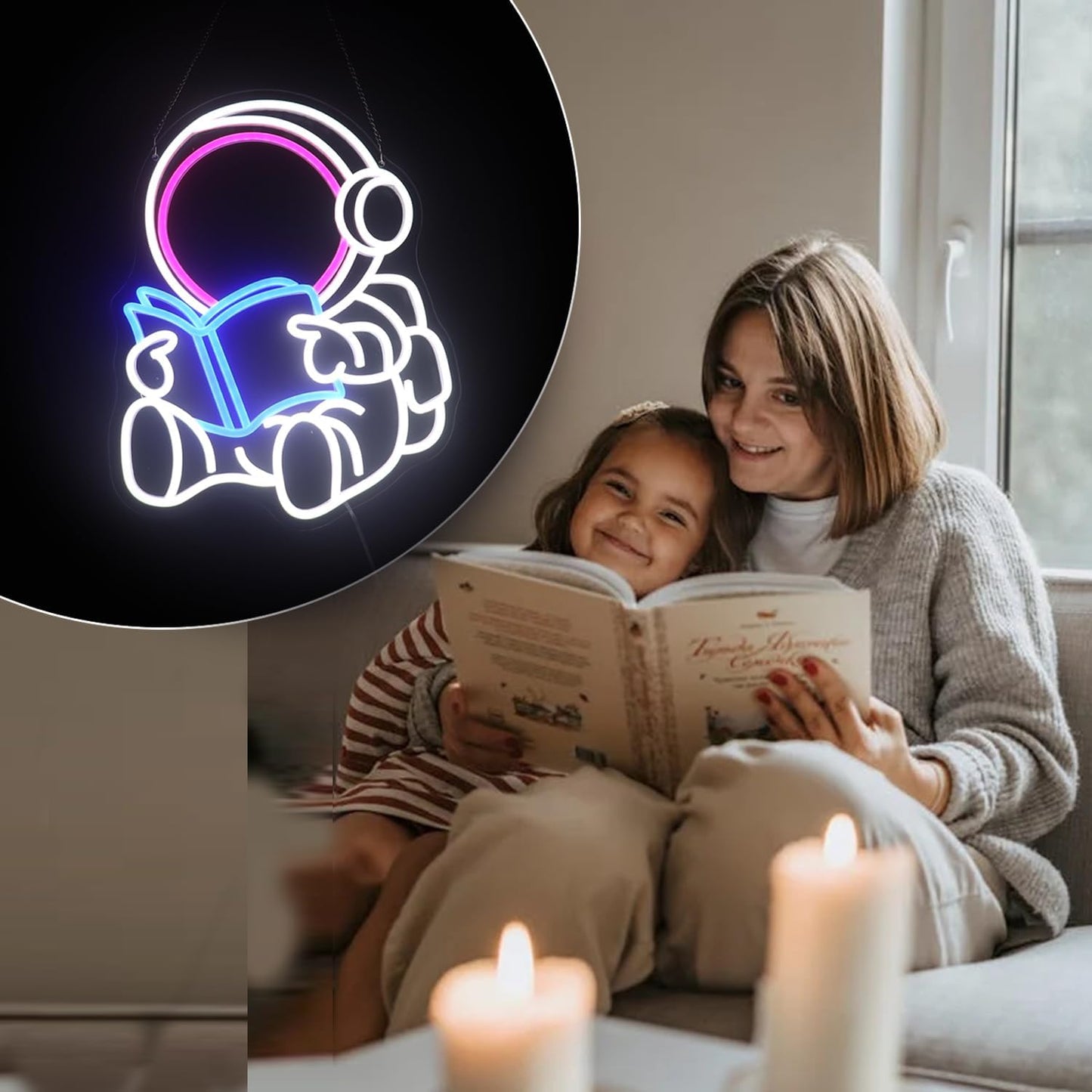 Astronaut Reading Neon Sign – LED Space Wall Decor for Book Lovers
