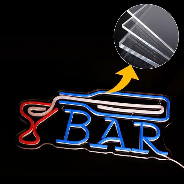 LED neon sign of liquor bottle pouring into a glass with BAR text