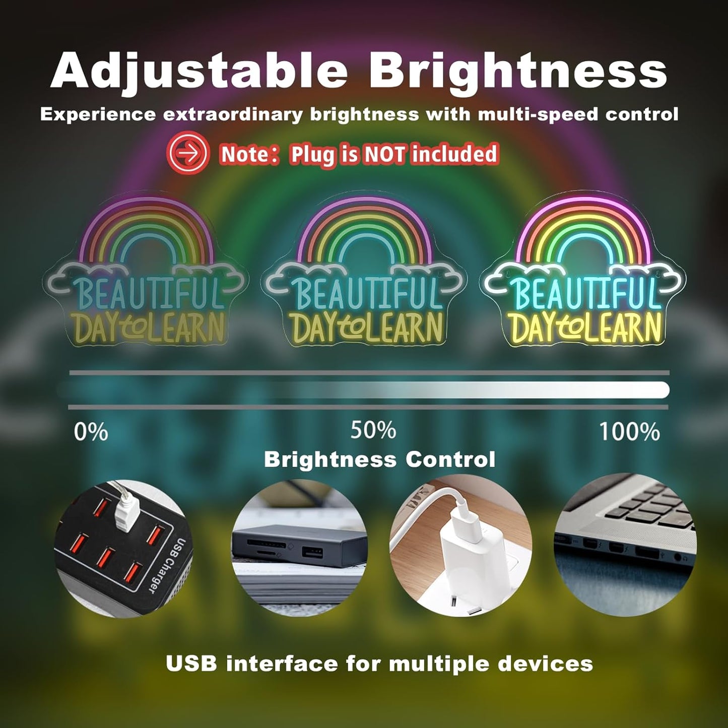 LED neon sign with “Beautiful Day to Learn” text and a rainbow above – inspirational wall décor for schools or kids' rooms