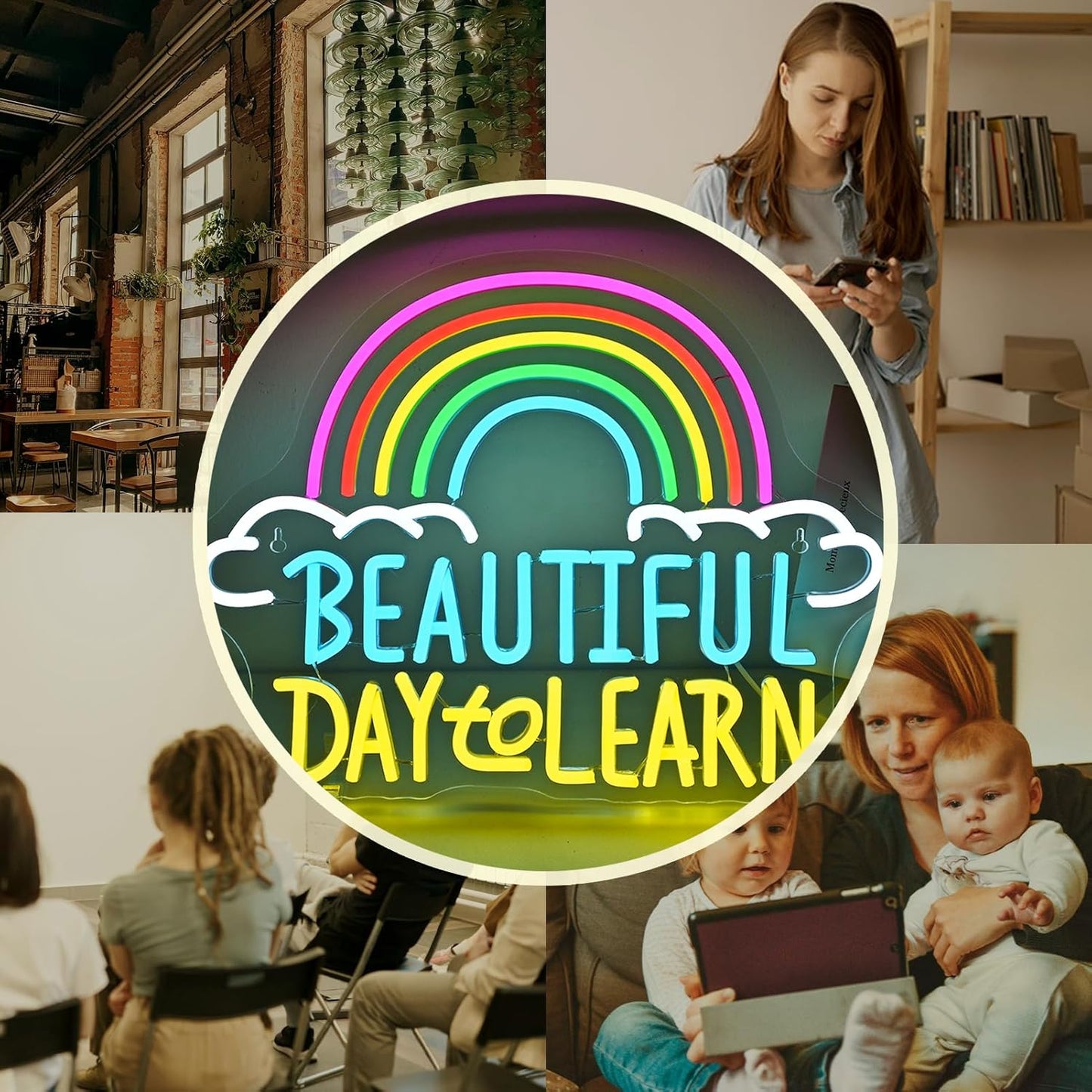 LED neon sign with “Beautiful Day to Learn” text and a rainbow above – inspirational wall décor for schools or kids' rooms