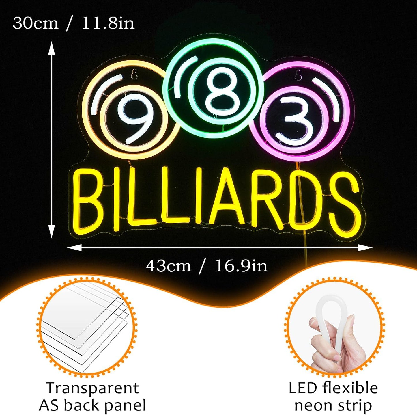 Billiards Neon Sign with Pool Balls – Game Room LED Light