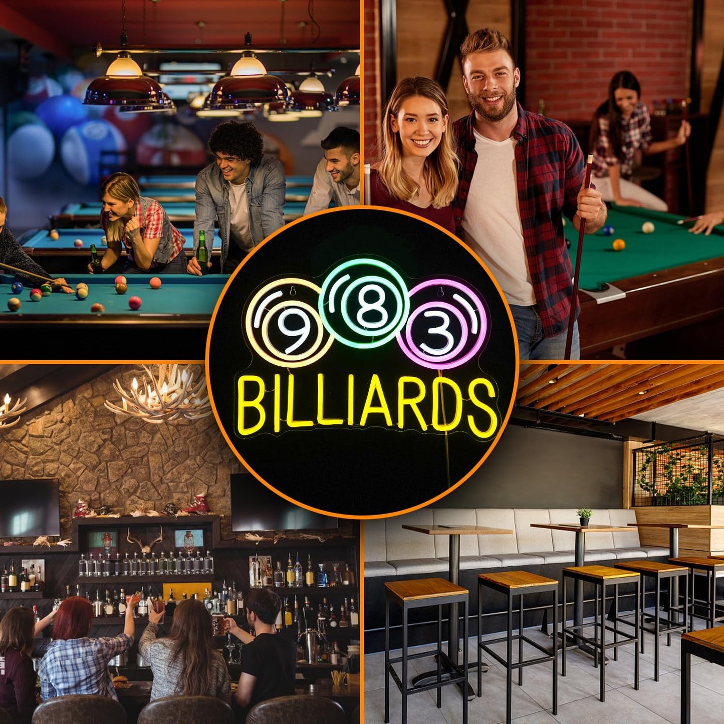 Billiards Neon Sign with Pool Balls – Game Room LED Light