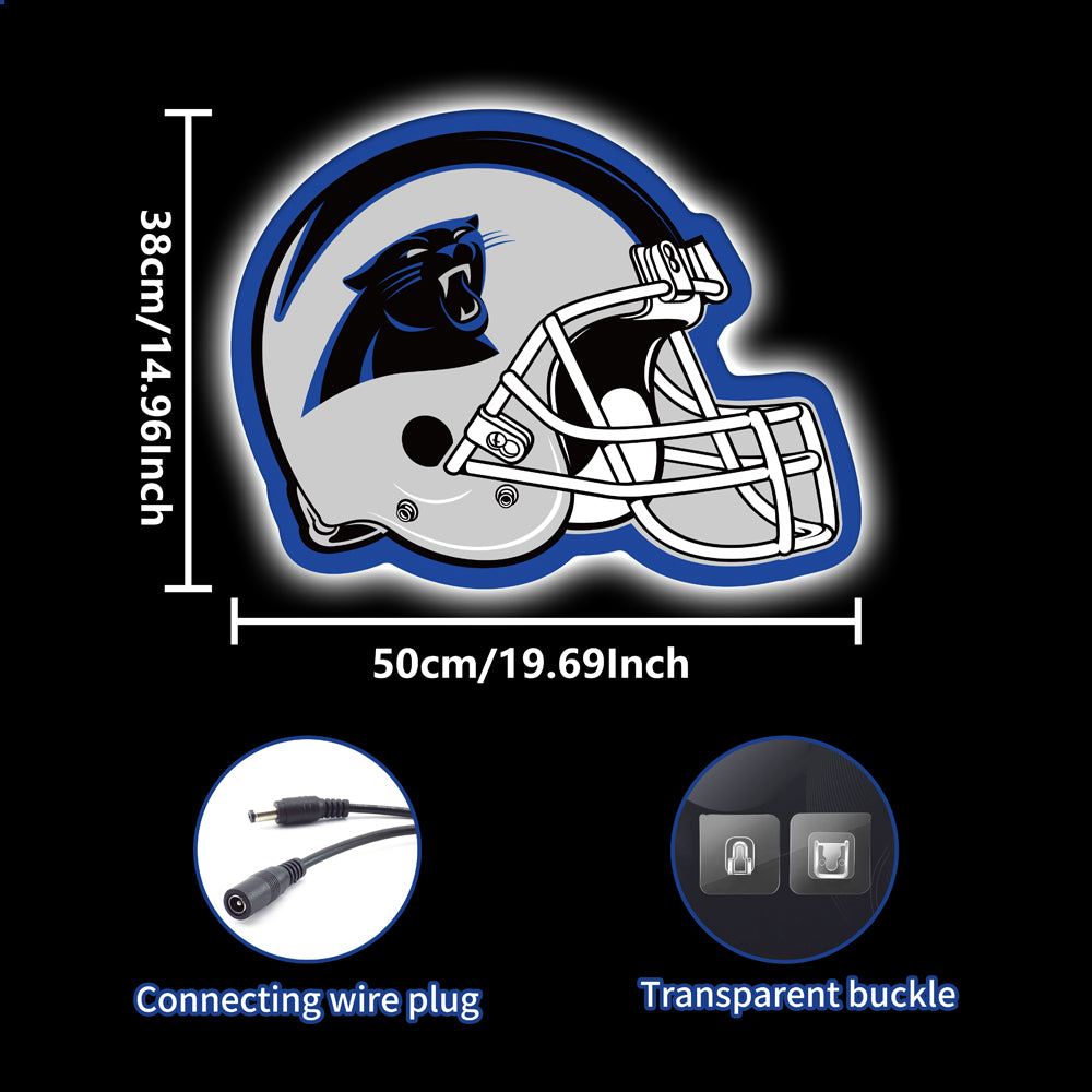 LED neon sign shaped like a football helmet with a roaring black panther emblem, perfect for game room and man cave decor.
