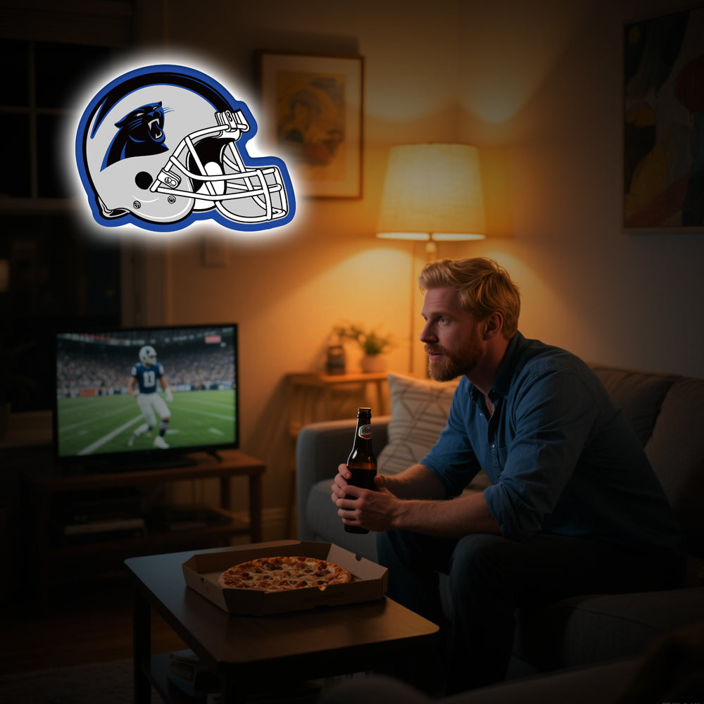 LED neon sign shaped like a football helmet with a roaring black panther emblem, perfect for game room and man cave decor.
