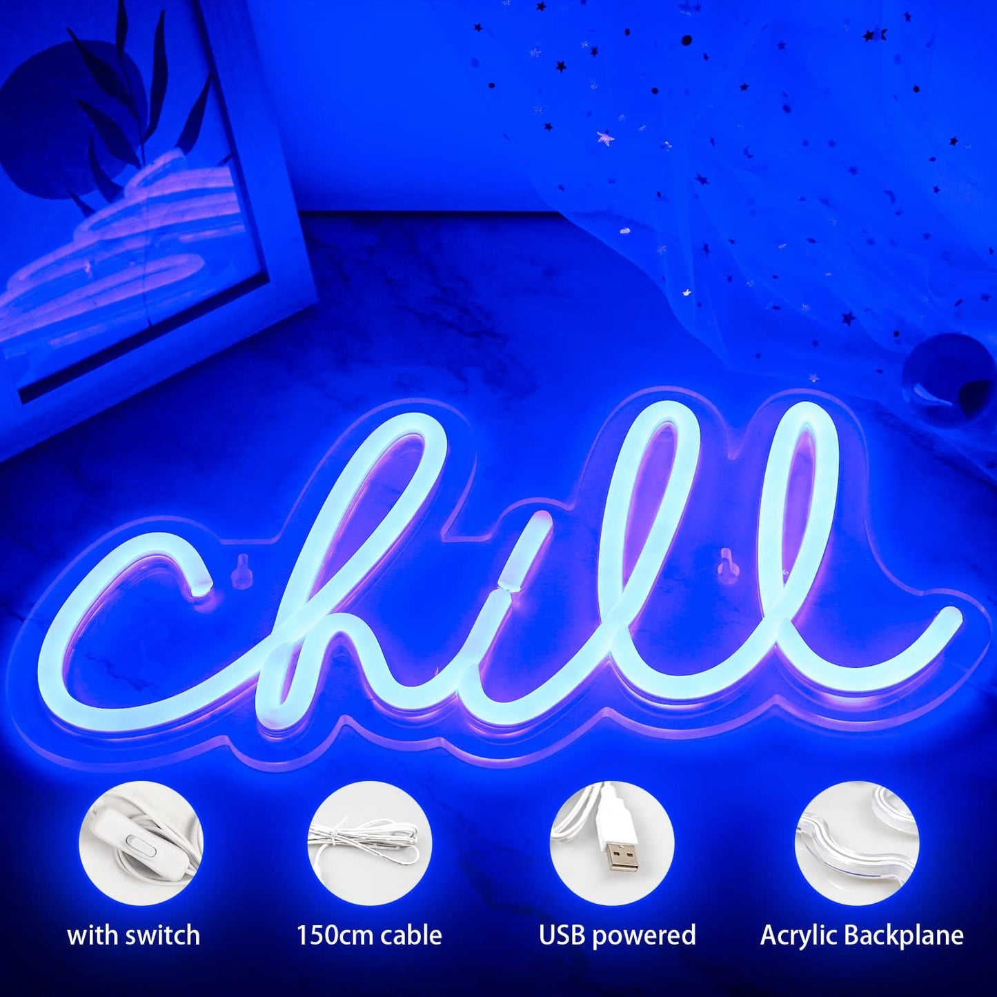 Blue 'Chill' Neon Sign - LED Wall Light for Bedroom, Bar & Game Room Decor - Deen neon