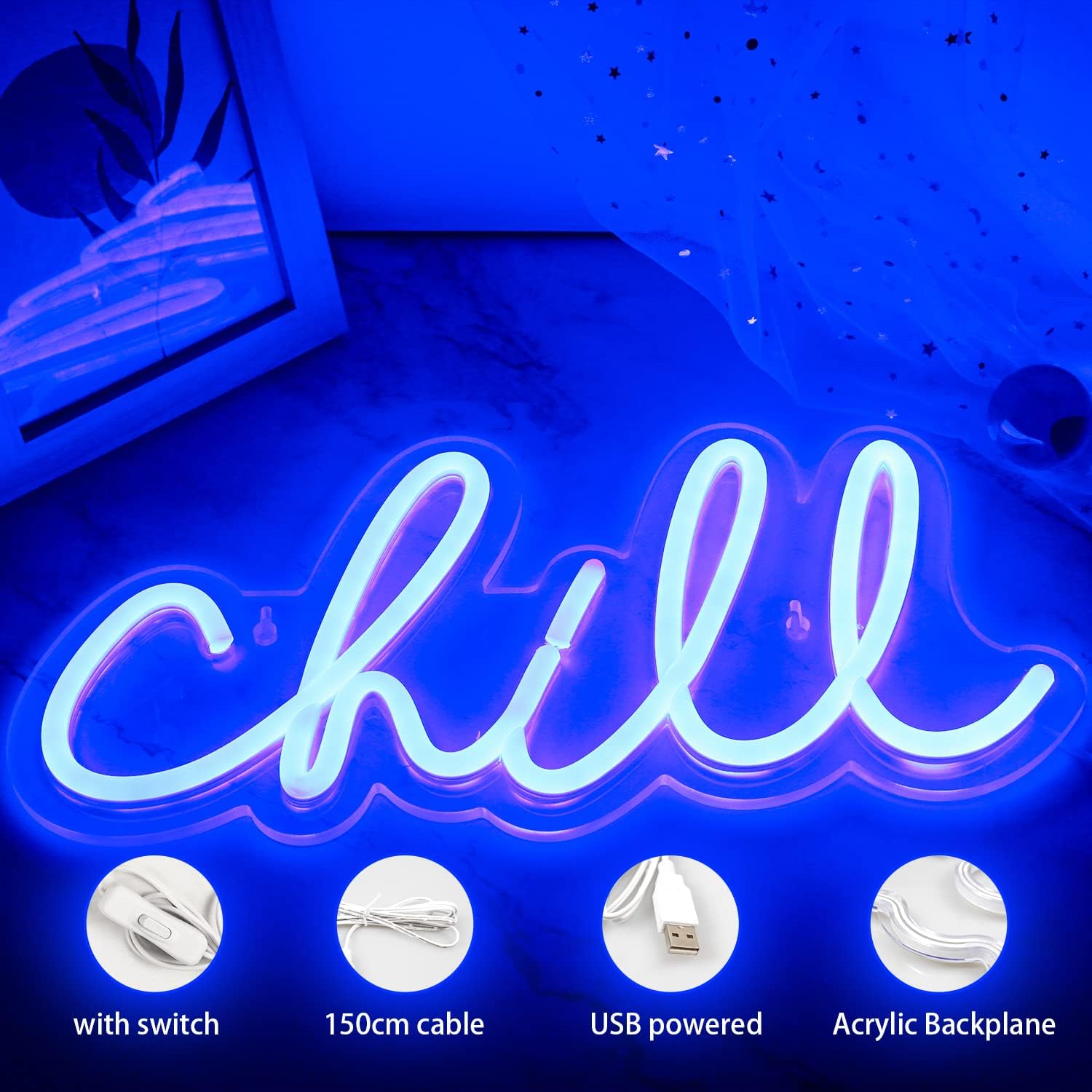 Blue 'Chill' Neon Sign - LED Wall Light for Bedroom, Bar & Game Room Decor - Deen neon