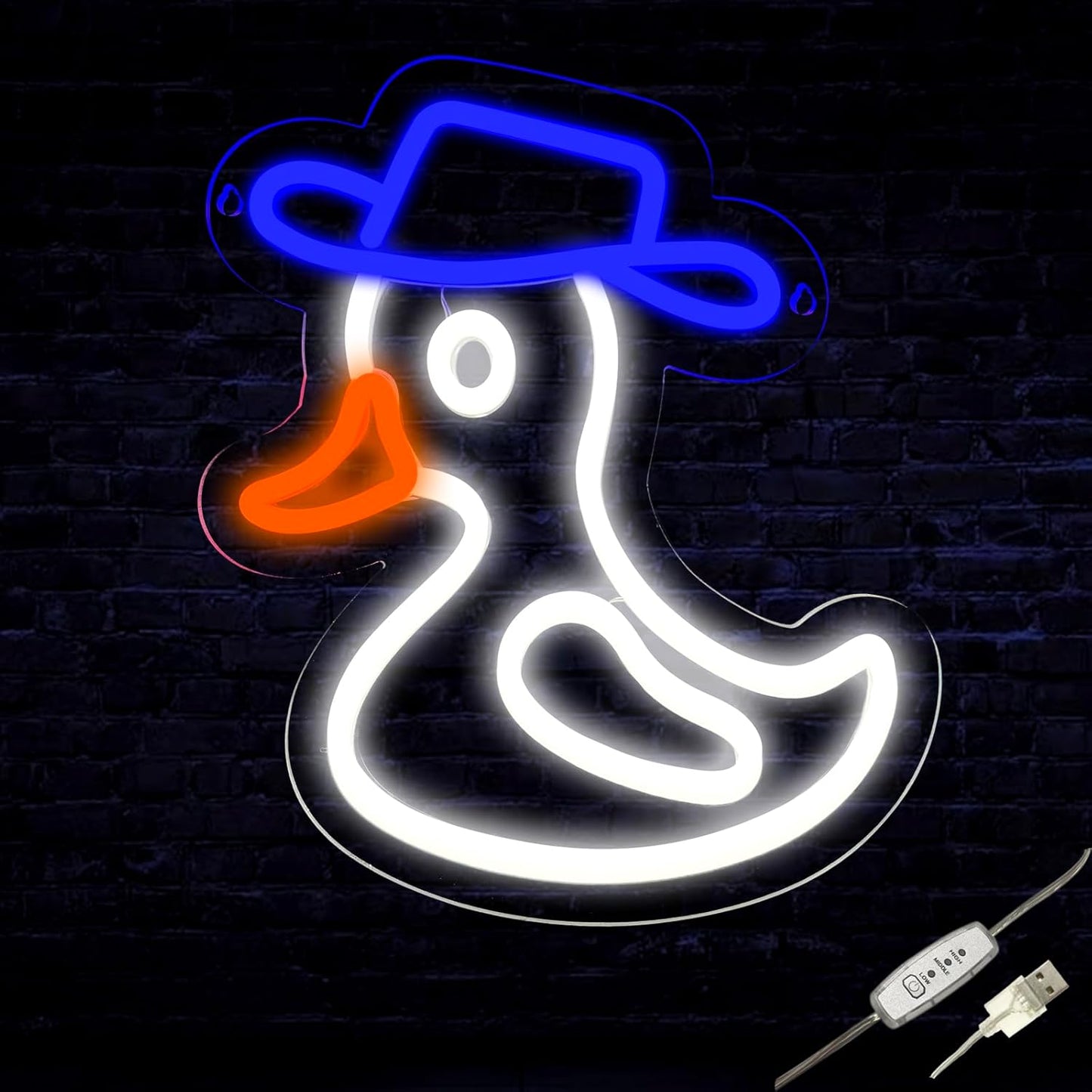 Cute duck neon sign wearing a blue hat, glowing on wall decor