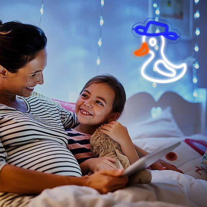 Cute duck neon sign wearing a blue hat, glowing on wall decor