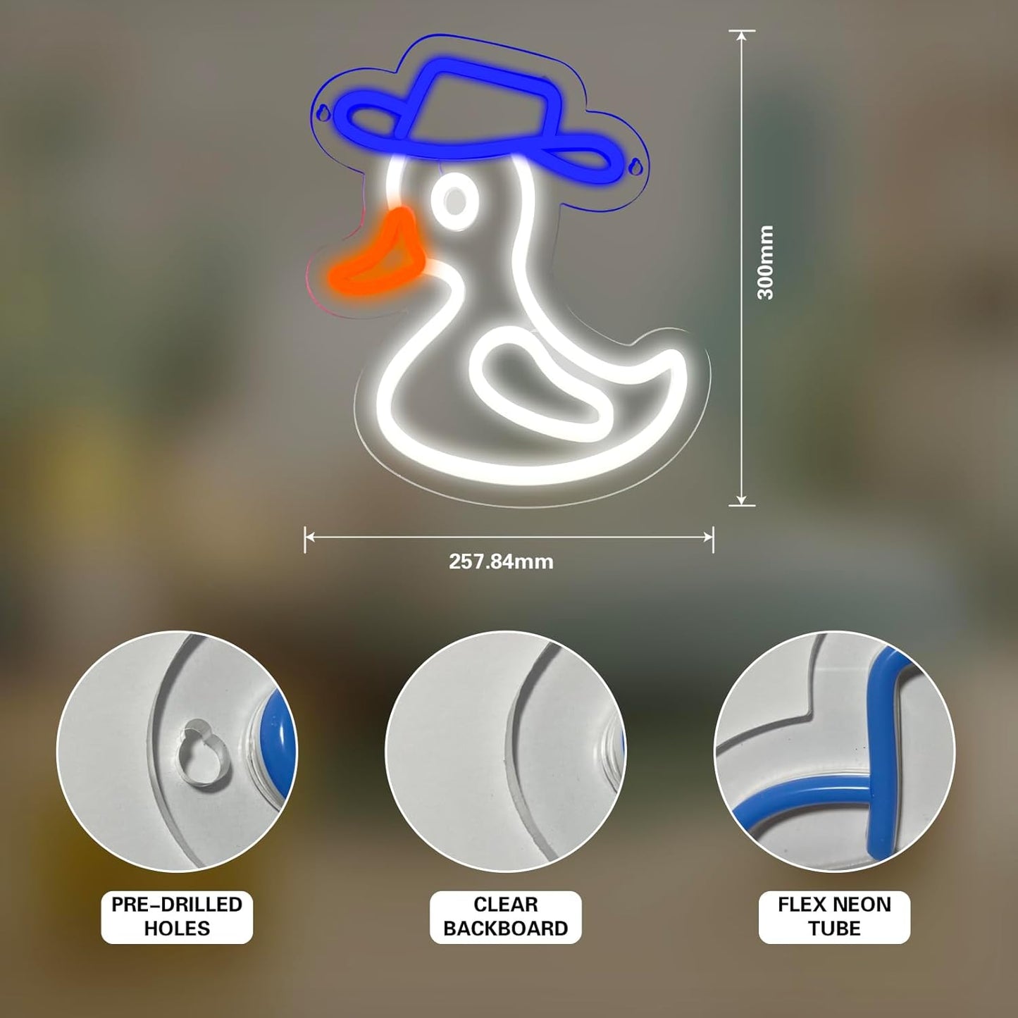 Cute duck neon sign wearing a blue hat, glowing on wall decor