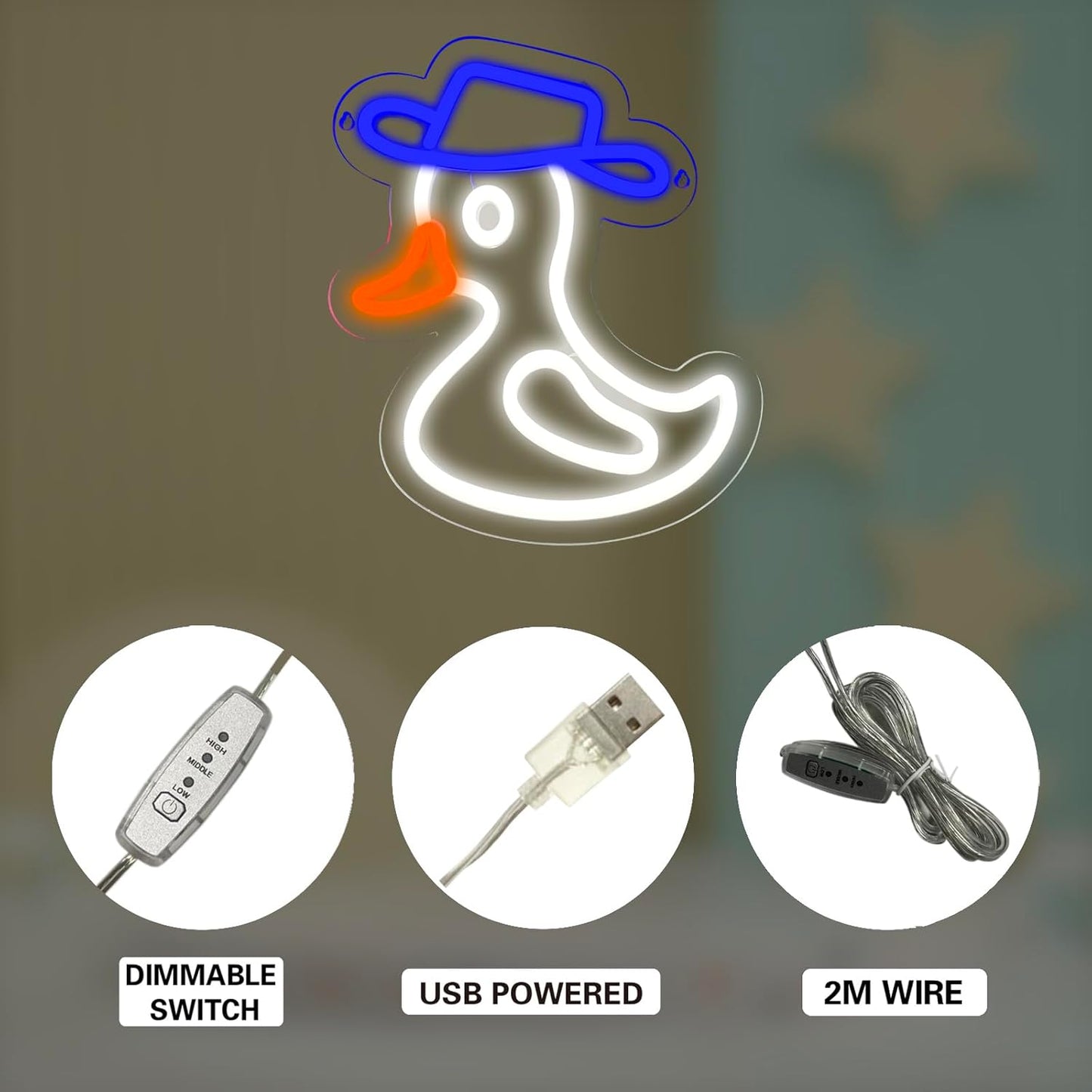Cute duck neon sign wearing a blue hat, glowing on wall decor