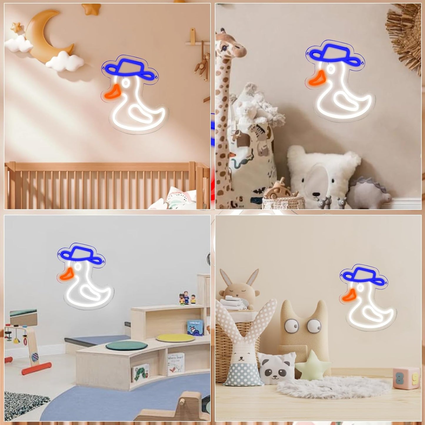 Cute duck neon sign wearing a blue hat, glowing on wall decor