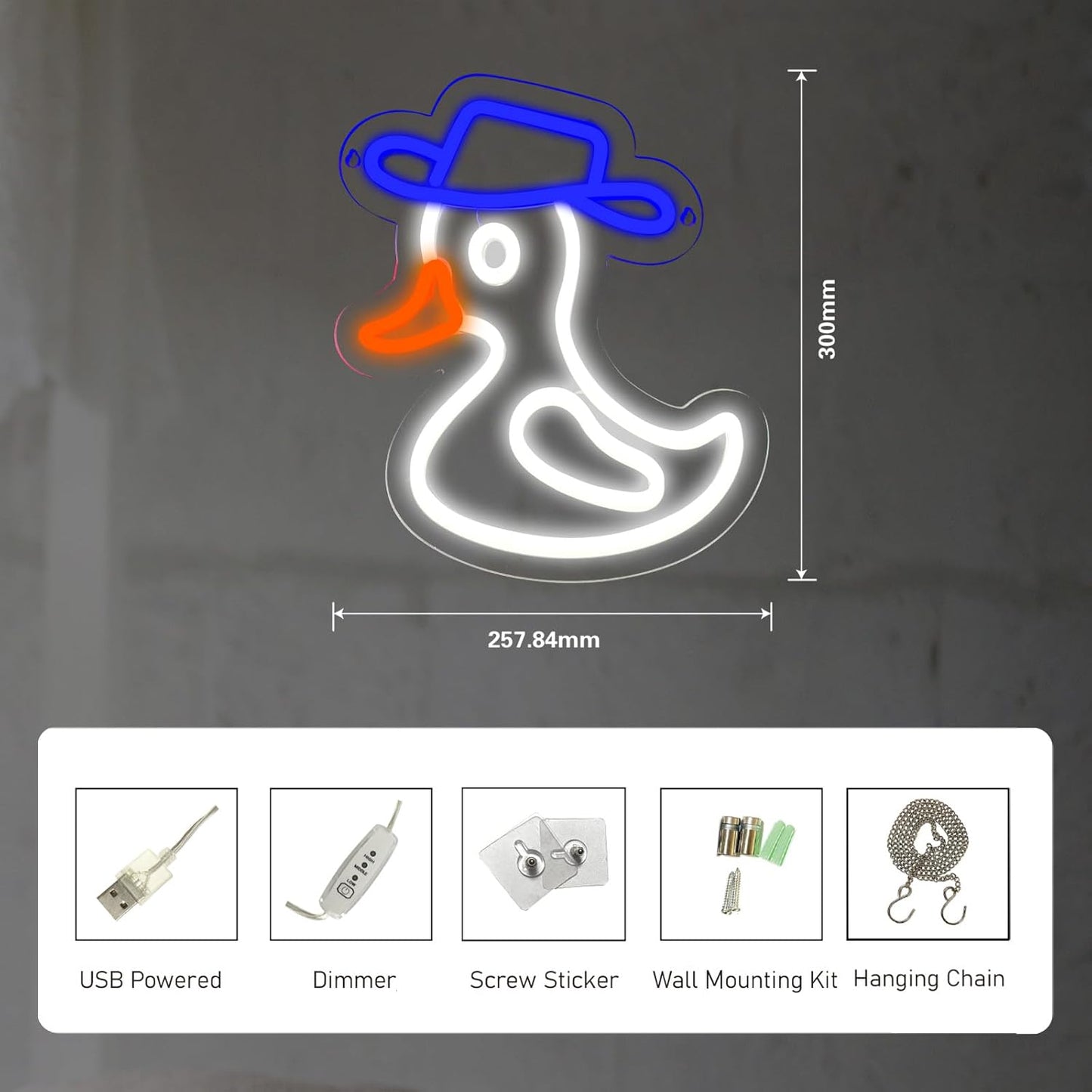 Cute duck neon sign wearing a blue hat, glowing on wall decor