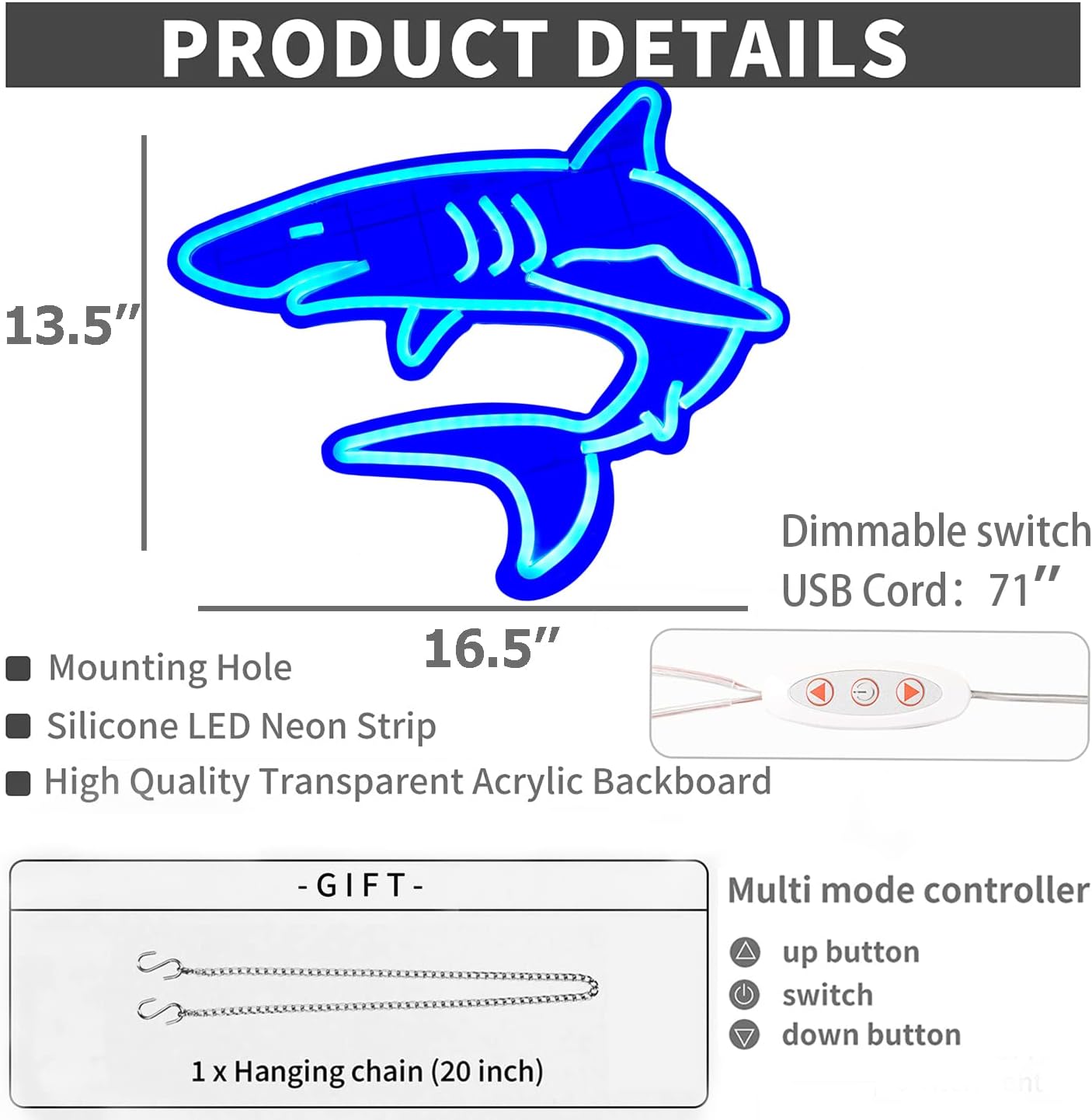 Blue glowing shark neon sign – LED wall decor light for ocean lovers, game rooms, or kids' bedrooms