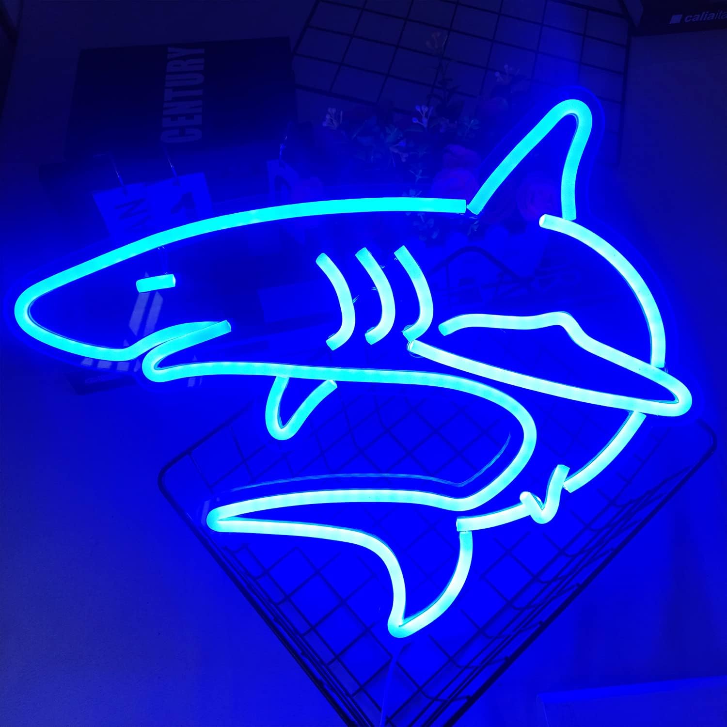 Blue glowing shark neon sign – LED wall decor light for ocean lovers, game rooms, or kids' bedrooms