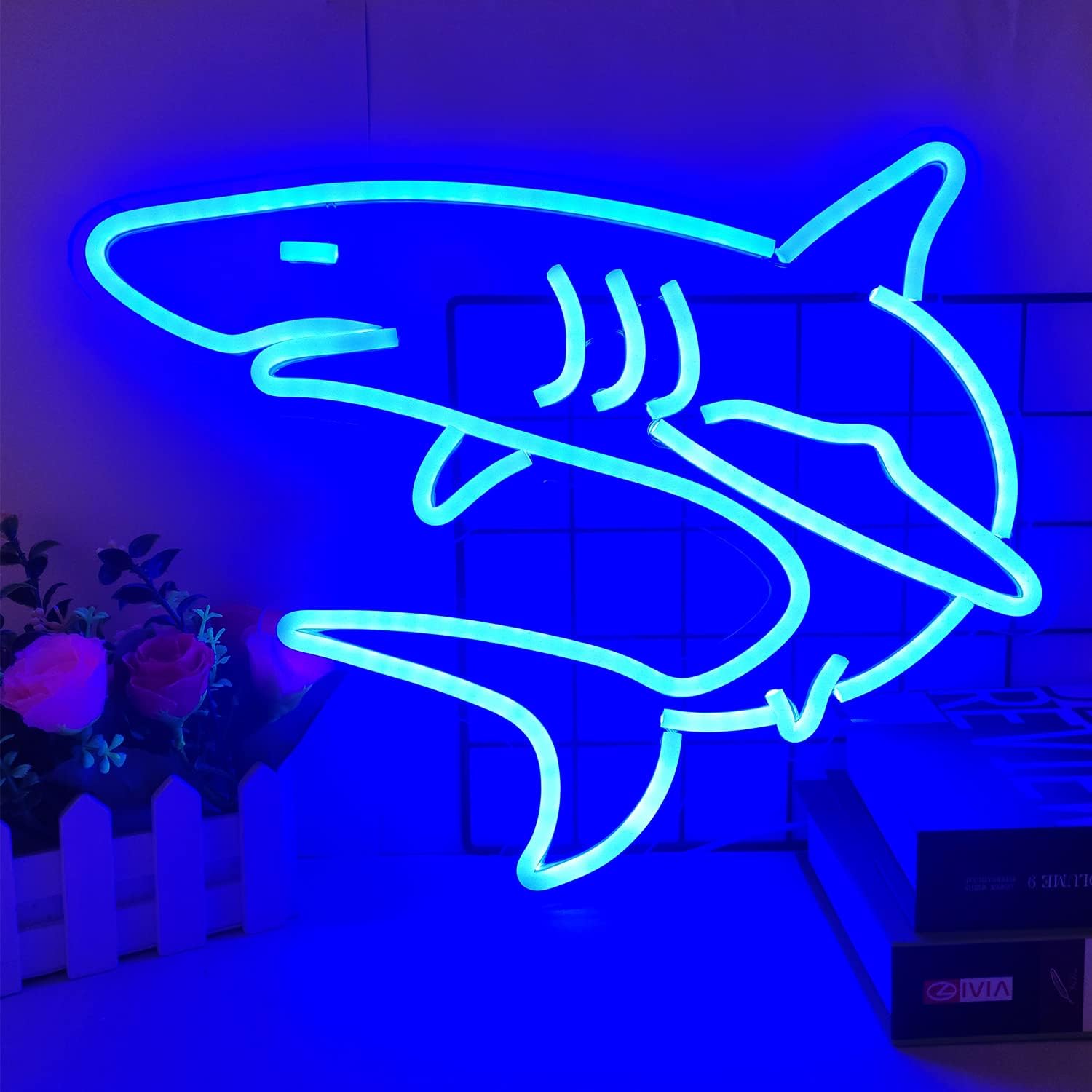 Blue glowing shark neon sign – LED wall decor light for ocean lovers, game rooms, or kids' bedrooms