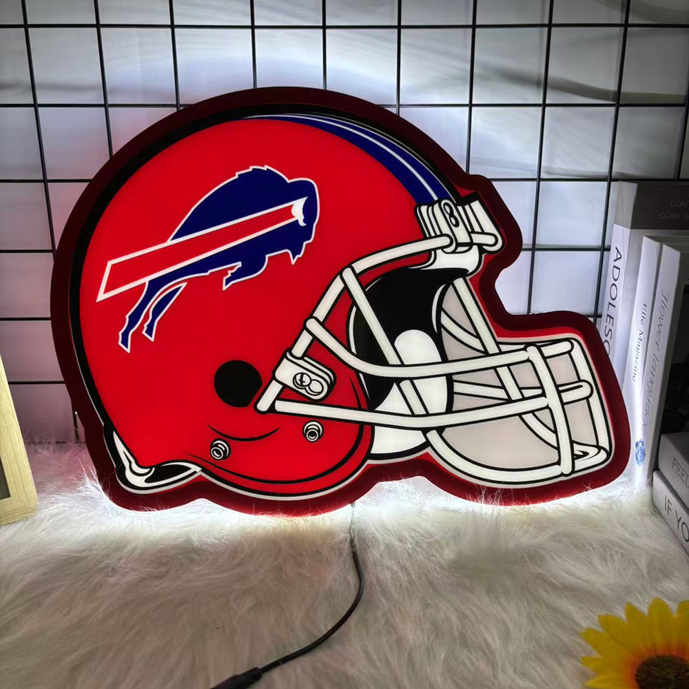 LED neon sign shaped like a Buffalo Bills football helmet with the charging buffalo logo, ideal for NFL fans and football-themed wall decor.