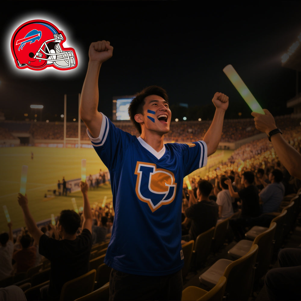 LED neon sign shaped like a Buffalo Bills football helmet with the charging buffalo logo, ideal for NFL fans and football-themed wall decor.
