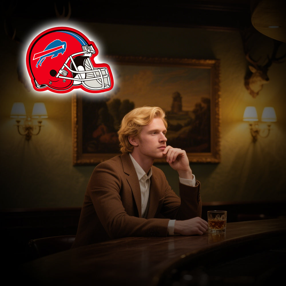 LED neon sign shaped like a Buffalo Bills football helmet with the charging buffalo logo, ideal for NFL fans and football-themed wall decor.