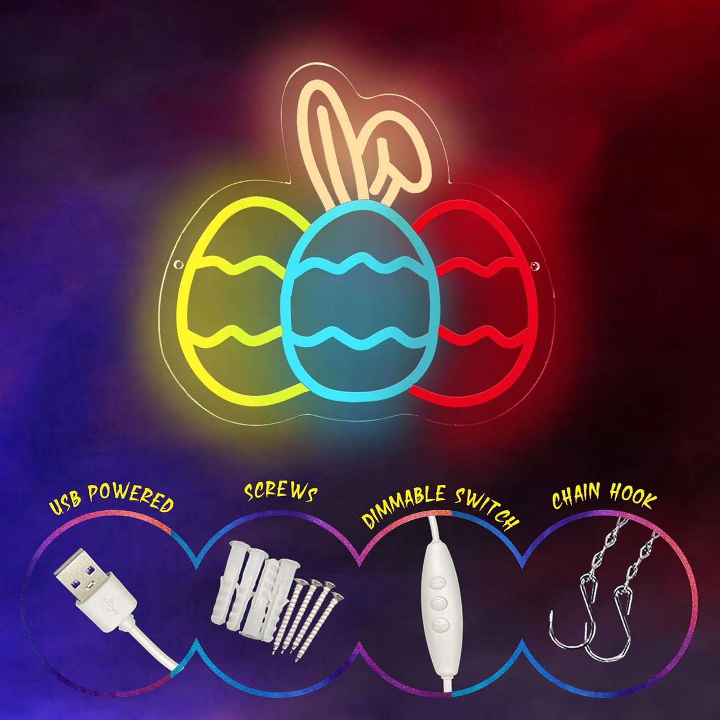 Bunny Egg Trio neon sign with center egg featuring bunny ears, Easter-themed LED wall light