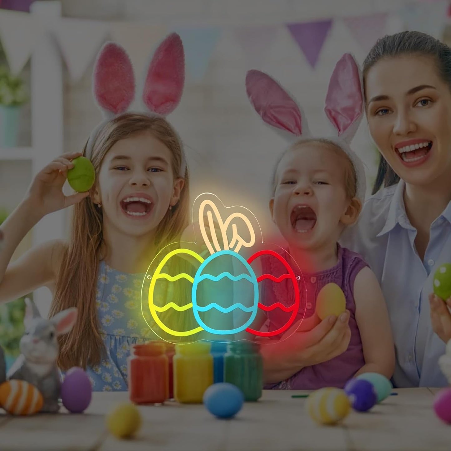 Bunny Egg Trio neon sign with center egg featuring bunny ears, Easter-themed LED wall light