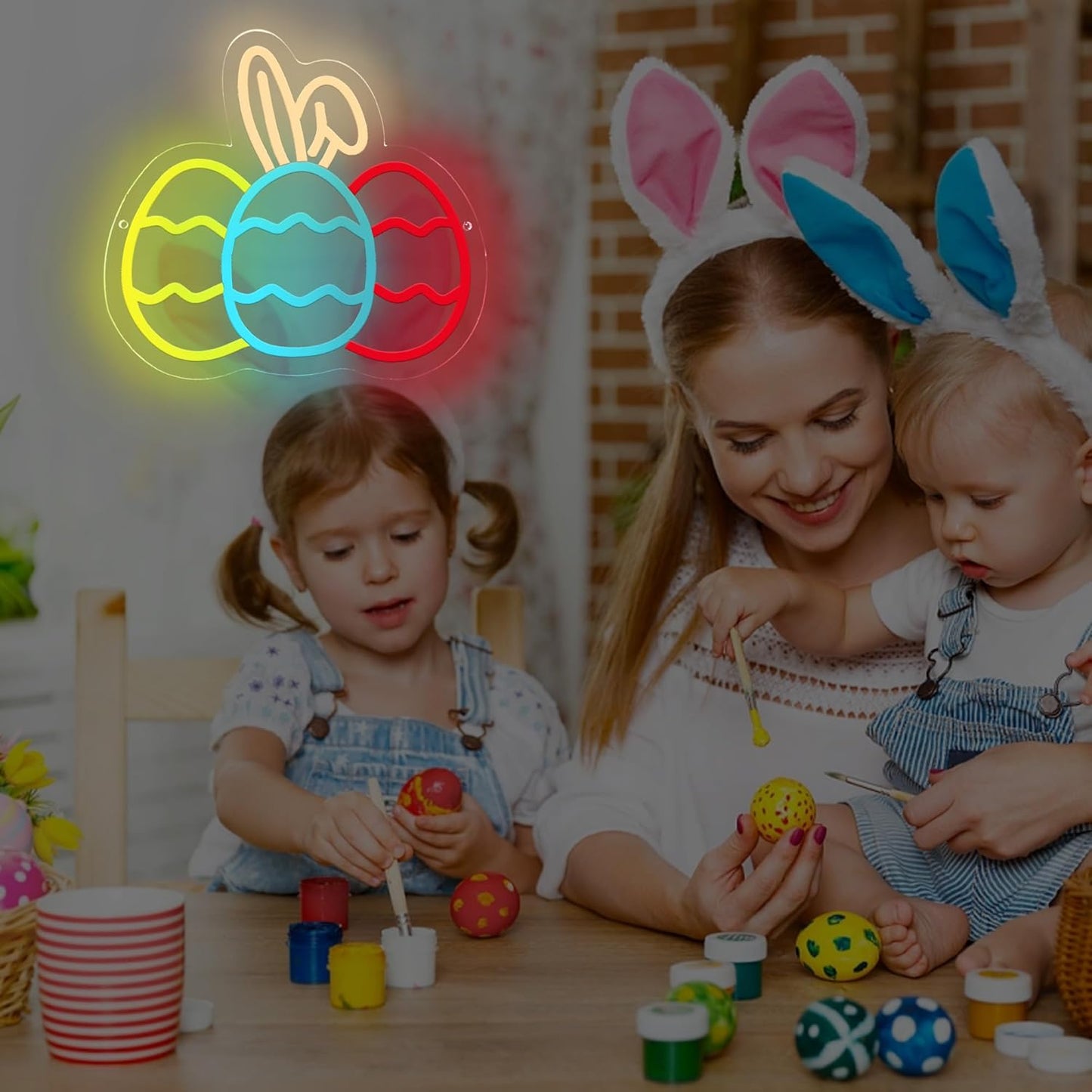 Bunny Egg Trio neon sign with center egg featuring bunny ears, Easter-themed LED wall light