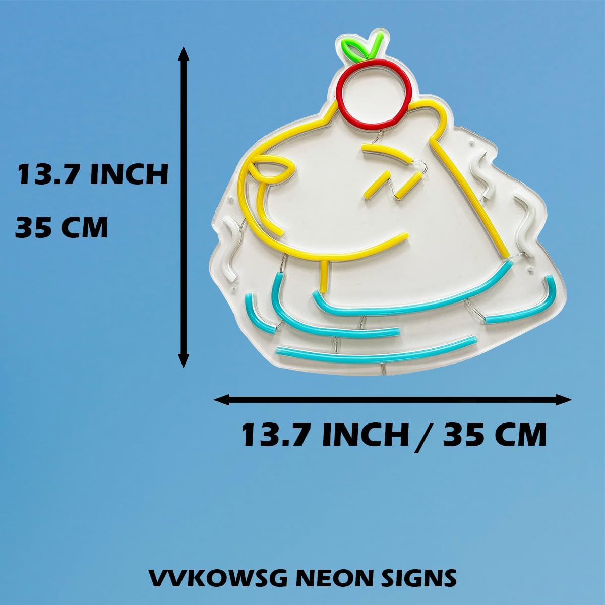 Neon sign of a capybara with a red apple on its head