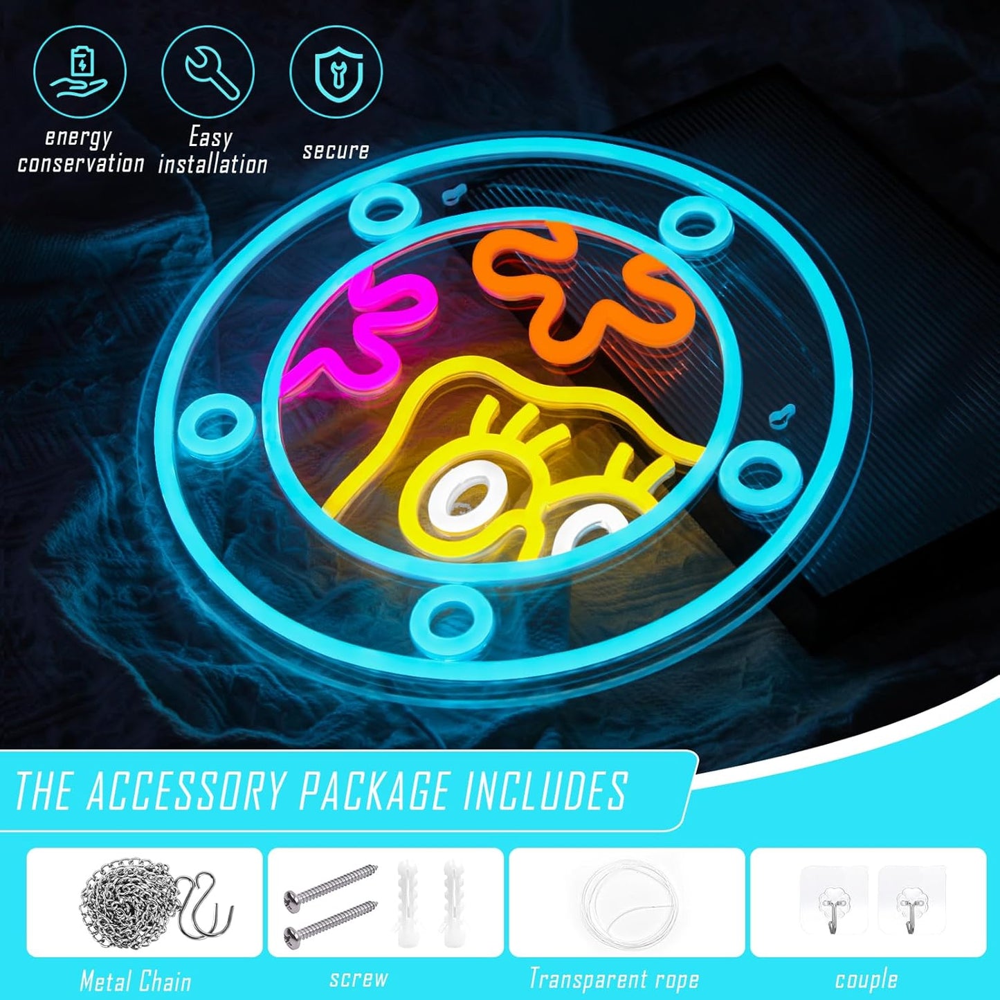 Colorful porthole cartoon face neon light wall decor with ocean theme