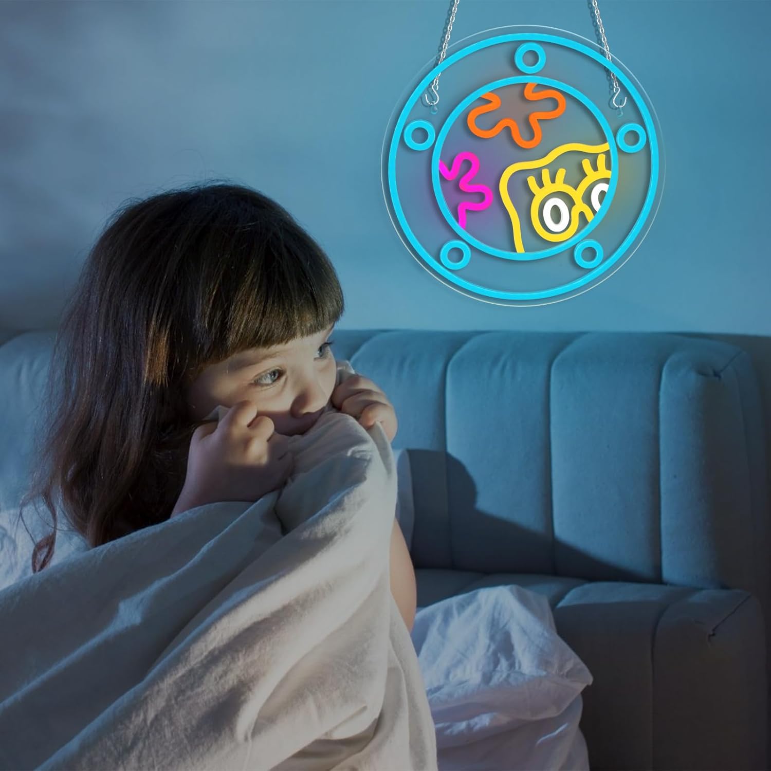 Colorful porthole cartoon face neon light wall decor with ocean theme