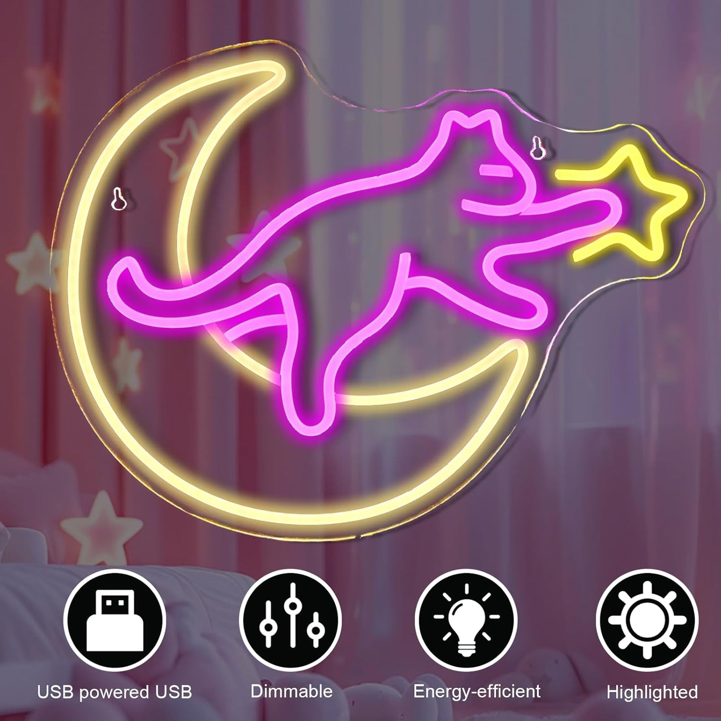 Cat Catching Stars on the Moon Neon Sign – Dreamy Night Light Décor