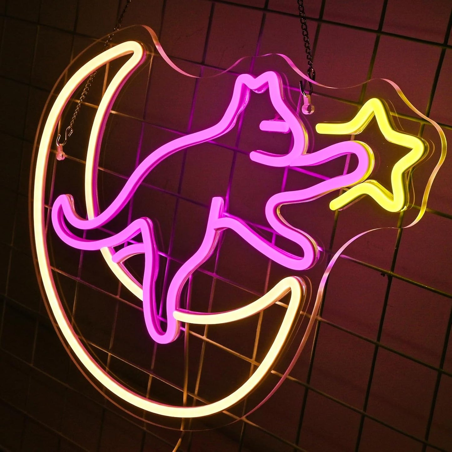 Cat Catching Stars on the Moon Neon Sign – Dreamy Night Light Décor