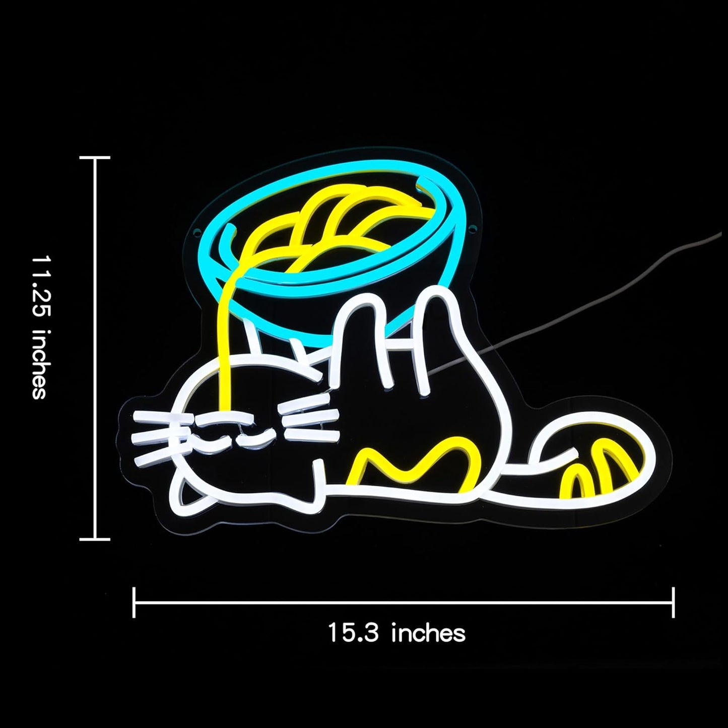 LED neon sign with cat lying under noodles bowl