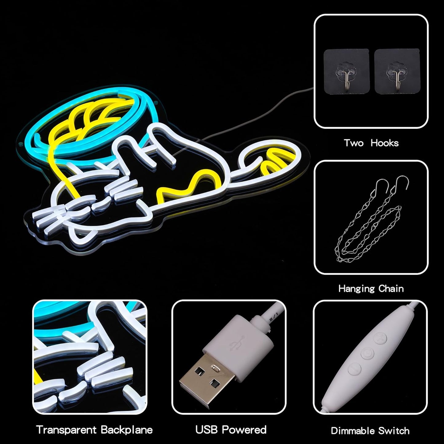 LED neon sign with cat lying under noodles bowl