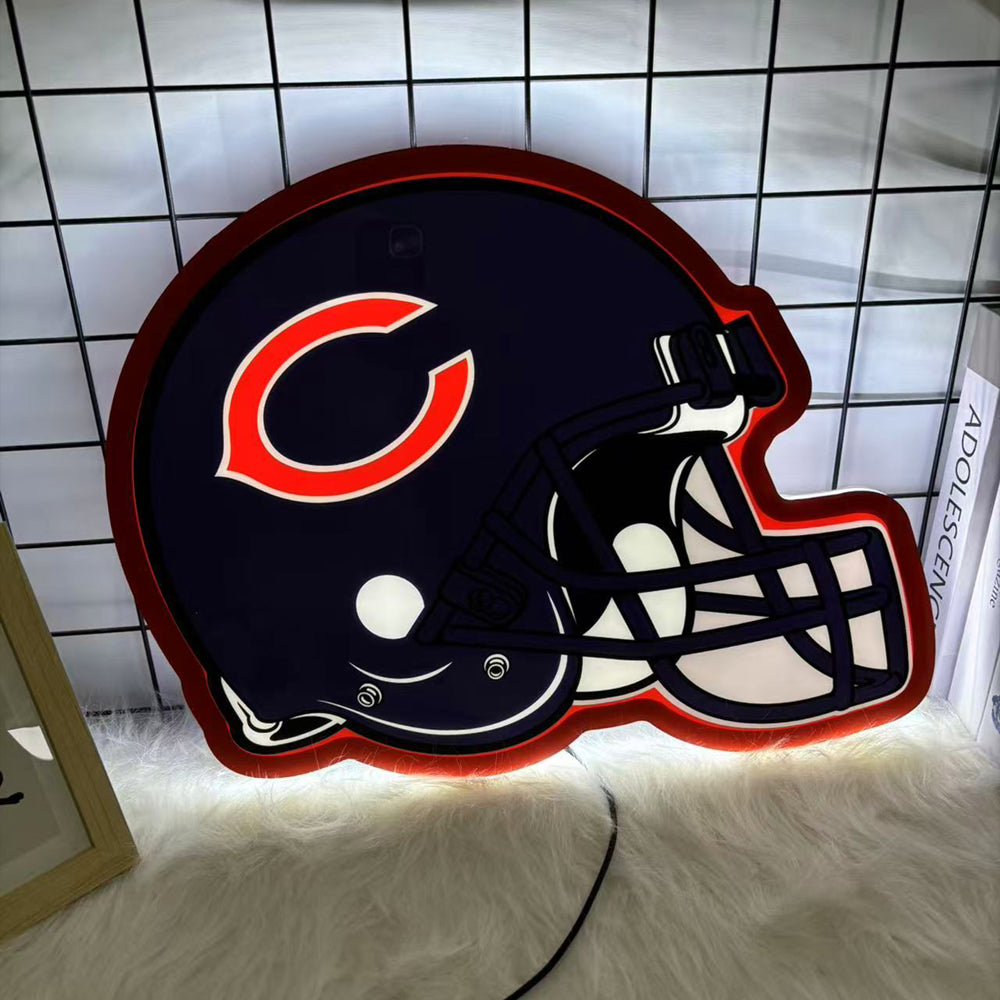 Chicago Bears football helmet-shaped LED neon sign in navy blue and orange, perfect for NFL fans, game room decor, or sports bar lighting.
