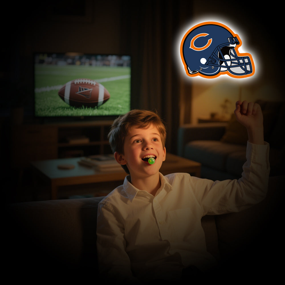 Chicago Bears football helmet-shaped LED neon sign in navy blue and orange, perfect for NFL fans, game room decor, or sports bar lighting.