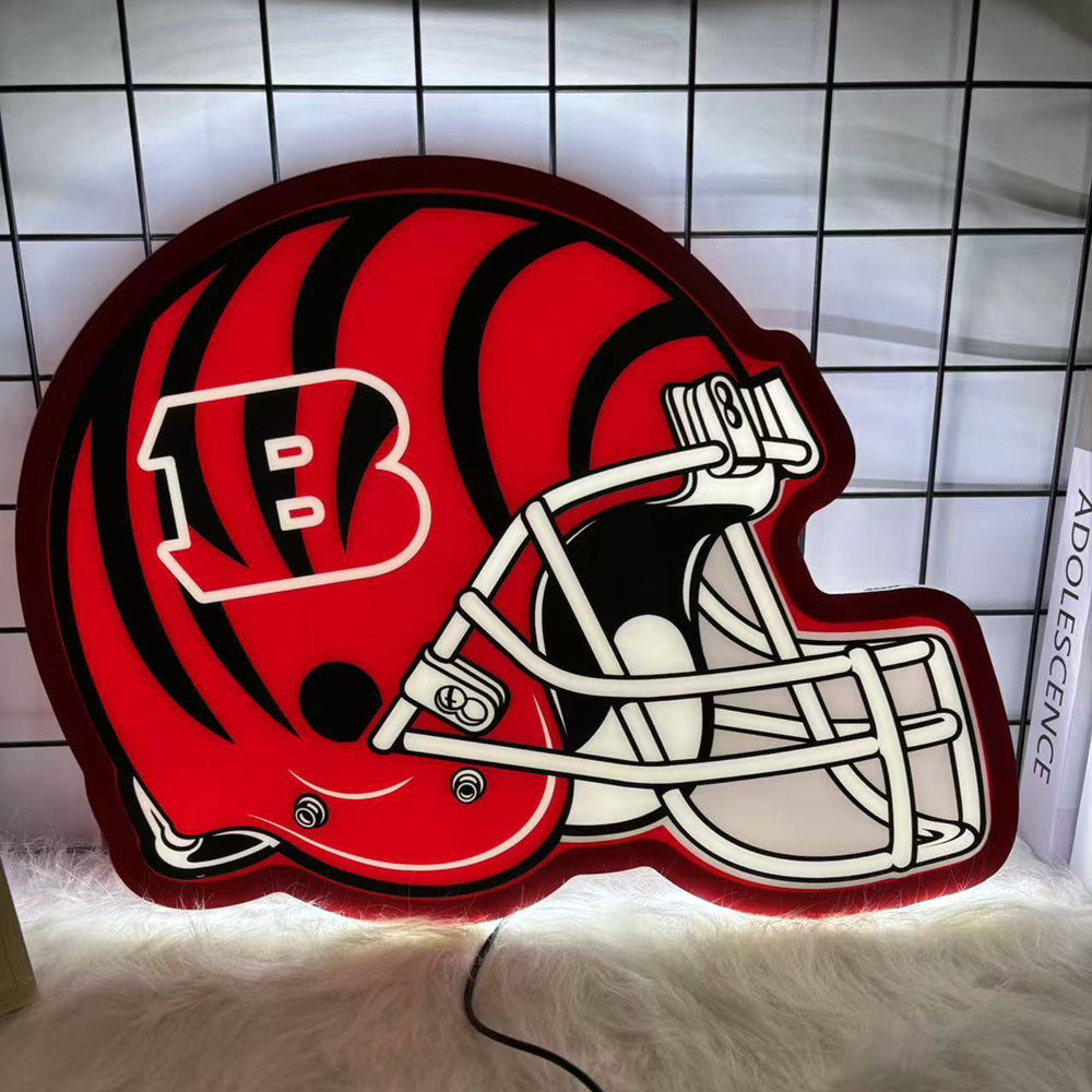 Cincinnati Bengals football helmet-shaped LED neon sign in orange and black, perfect for NFL fans, sports bar decor, and game room lighting.