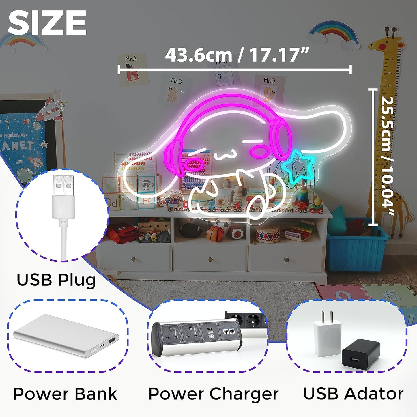 Cinnamoroll cute neon sign wall decor with pink headphones and blue star LED light