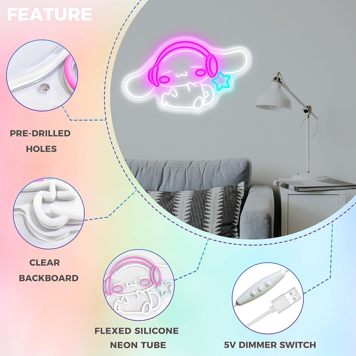 Cinnamoroll cute neon sign wall decor with pink headphones and blue star LED light