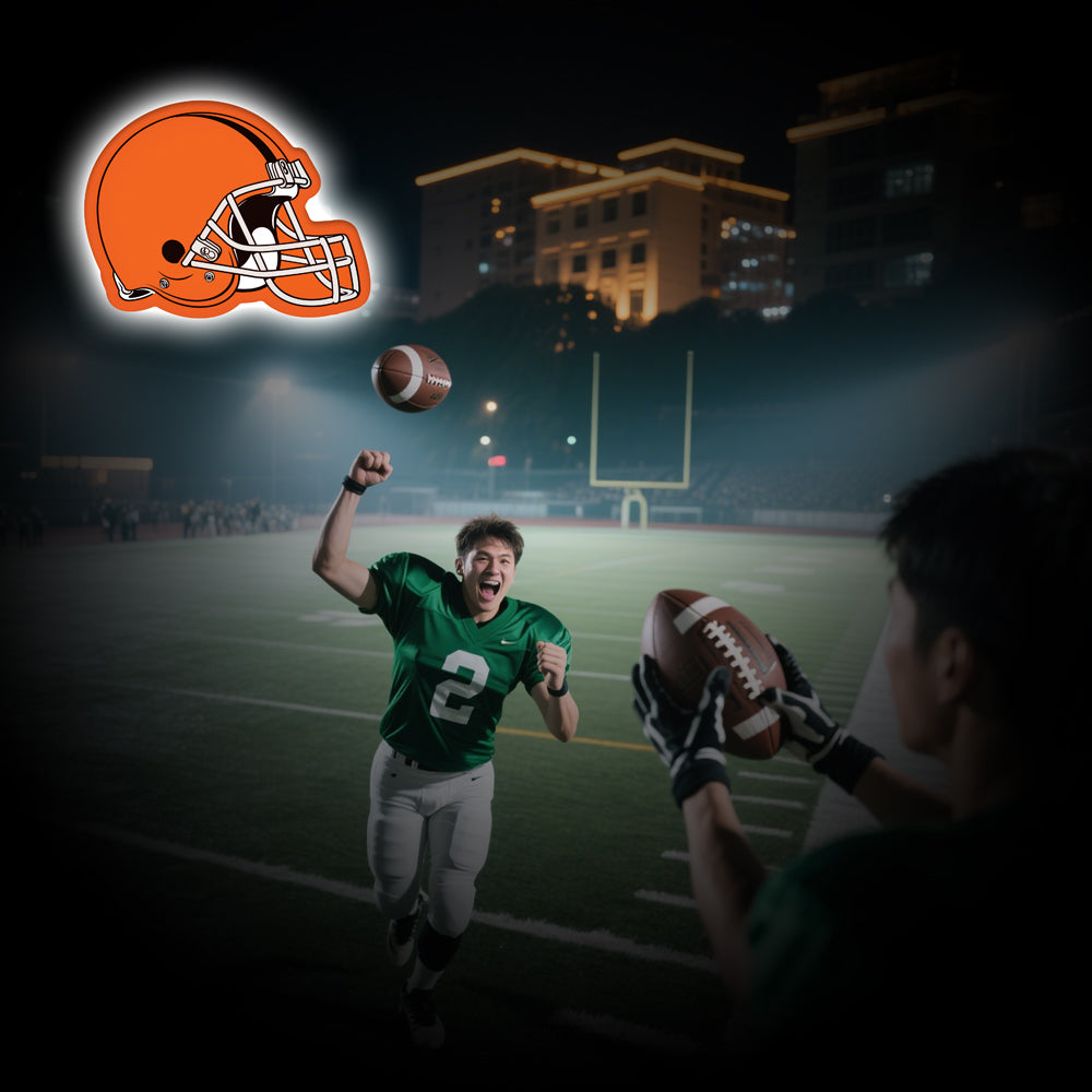 LED neon sign shaped like a Cleveland Browns football helmet in bright orange, perfect for NFL fans, sports bar walls, and football-themed rooms.